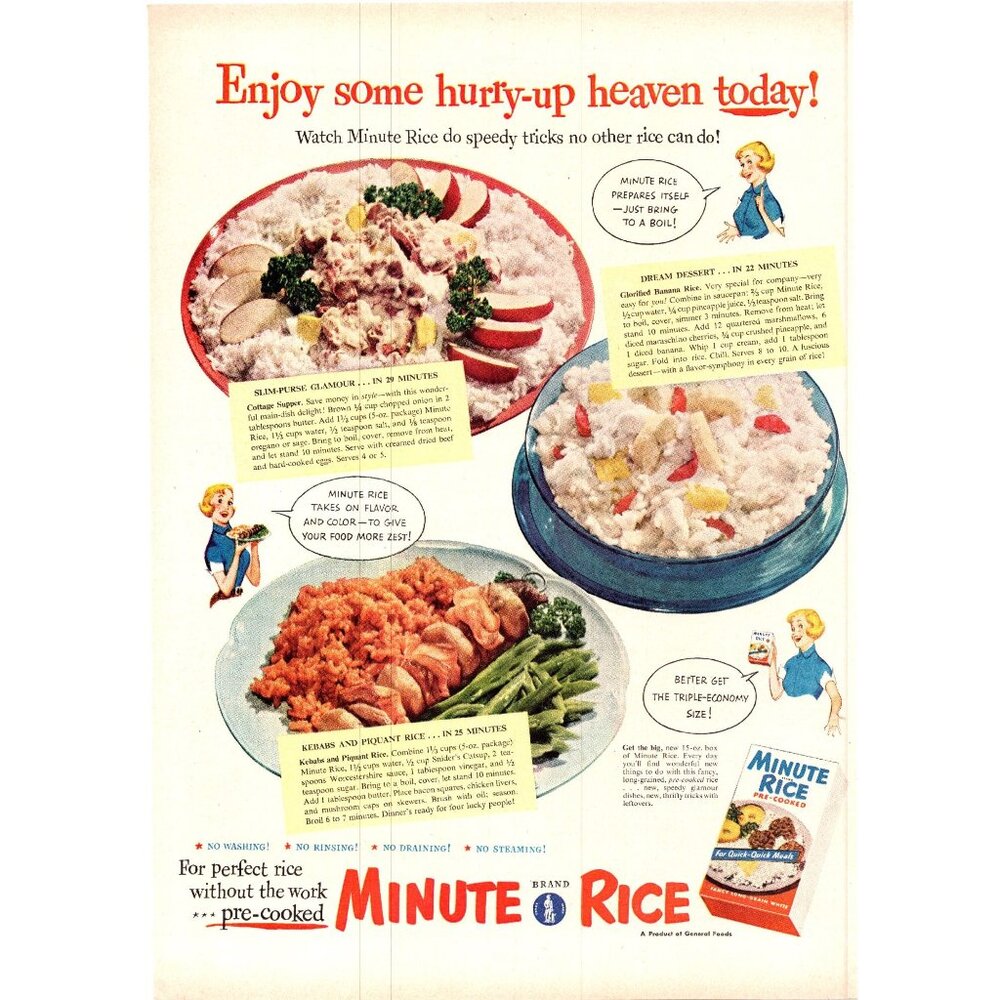 1951 Minute Rice General Foods Vintage Print Ad 50s Housewife Sexist Wall Art